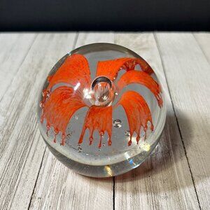 Vintage Blown Glass Lily Flower Paperweight Orange BubbleArt Glass Deco
